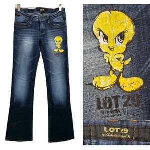 Y2K Lot29 Low Rise Jeans Womens 26 Tweety Bird Looney Tunes Denim Hip Hop 3117